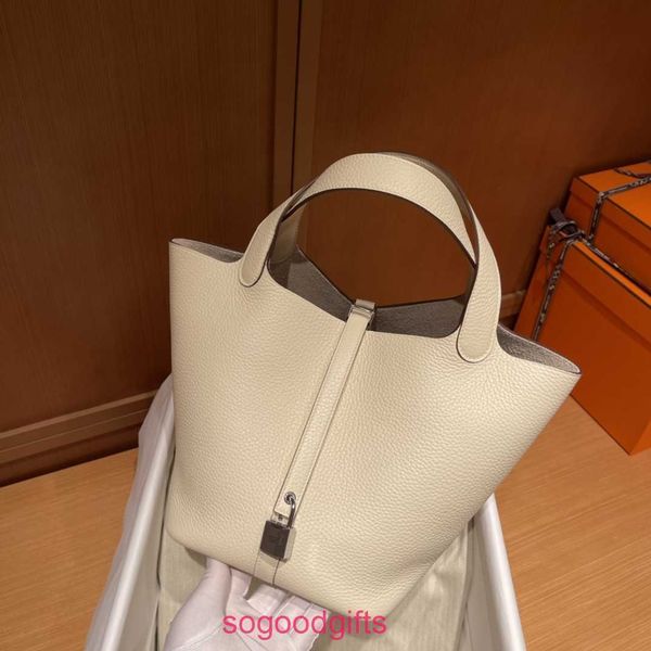 

designer herme bags women's picotin lock handbags tote bag tc leather hand sewn vegetable basket bag 18cm cream silver buckle lady'