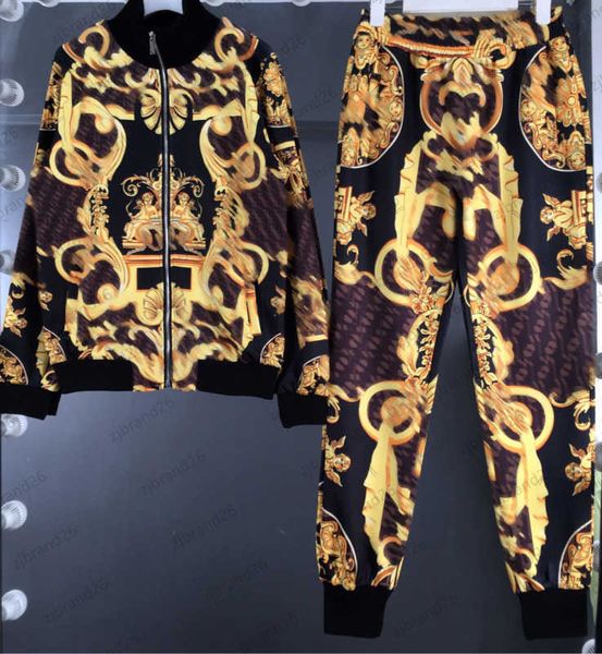 

women hoodie set two piece pants full-body printed stitching webbing stand collar zipper jacket elastic waist loose casual trousers designe, White