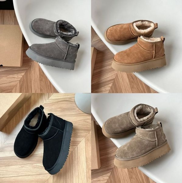 

winter ultra mini platform boot designer ankle snow fur boot brown australia warm booties for woman real leather eu35-43, Black