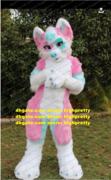 

pink long fur furry fox mascot costume wolf husky dog fursuit cartoon character cute lovable welcome reception zz7597, Red;yellow