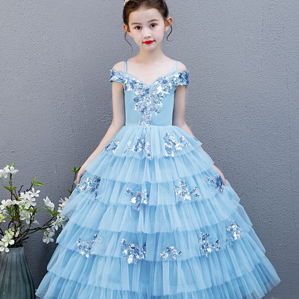

2023 cute flower girl dresses v neck lace appliques beaded 3d sequined girl pageant gowns backless bow ruffle tiered skirt birthday clothes, White;blue