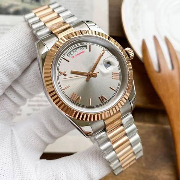 

mens automatic mechanical watch full stainless steel silver rome number day date sapphire glass super luminous waterproof montre de luxe wri, Slivery;brown