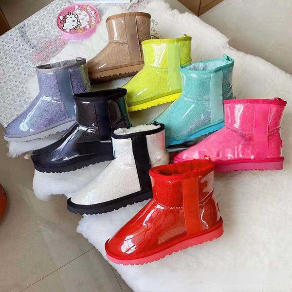 

snow boots 2022 transparent jelly men's and women's new winter fur integrated short tube bright face warm boots large, Black