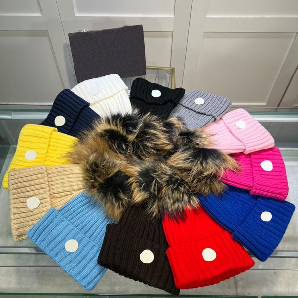 

designer cap winter knitted beanie woolen hat women chunky knit thick warm faux fur pom beanies hats female bonnet beanie caps 12 colors, Blue;gray