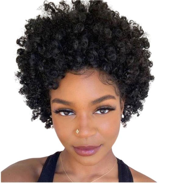 

pixie cut wig remy none lace front wig short afro curly human hair full machine wigs for women, Black;brown