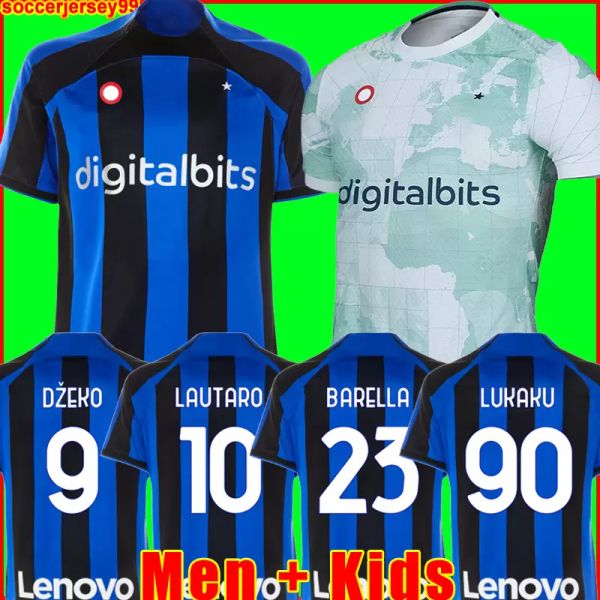 

lukaku soccer jersey 22 23 barella vidal lautaro eriksen inters dzeko correa away third milans uniforms football shirt 2022 2023 men kids k, Black;yellow