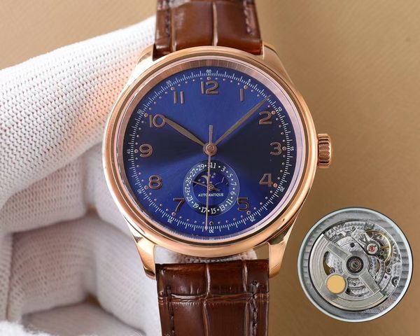 

men's mechanical watch 40 mm rose gold blue literal eta2824-2 super movement fully automatic winding lunar phase function sapphire mirr, Slivery;brown