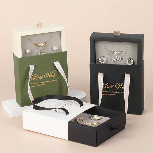 

jewelry boxes new ring gift portable green drawer paper silver earrings necklace packaging set l221021, Black;white