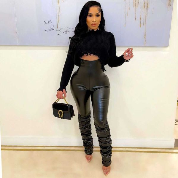 

women's leggings black faux leather pu bodycon party trouser fall winter high waist stacked extra-long pant streetwear fashion stretchy