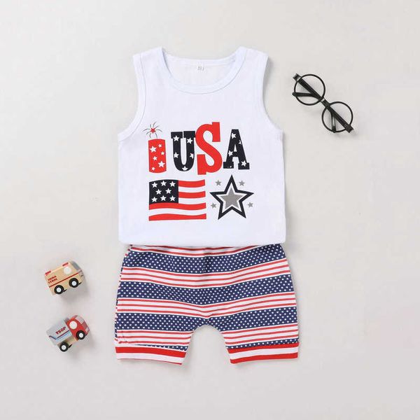 

sets kids children's ins american baby summer print letter vest shorts suit independence day two-piece, White