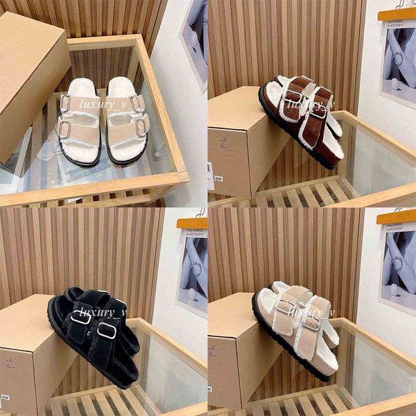 

designer women wool slippers platforms sandals luxury casual shoes flat comfort shearling strap buckle sandal indoor women cotton slide wint, Black