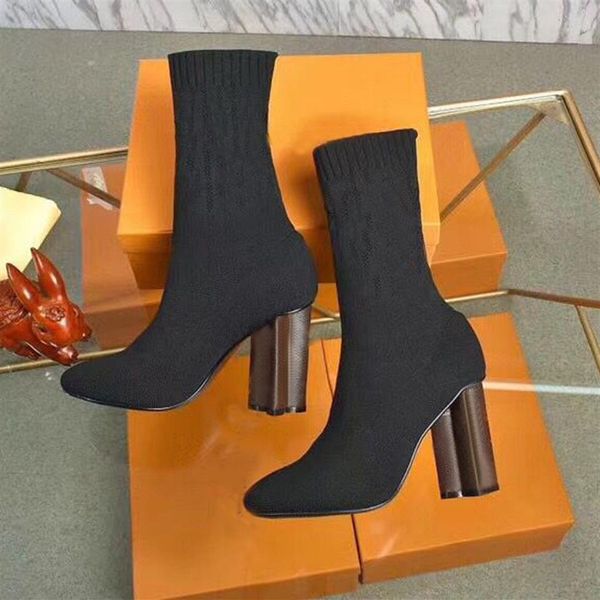 

autumn winter socks heeled heel boots fashion knitted elastic boot designer alphabetic women shoes lady letter thick high hee220k, Black