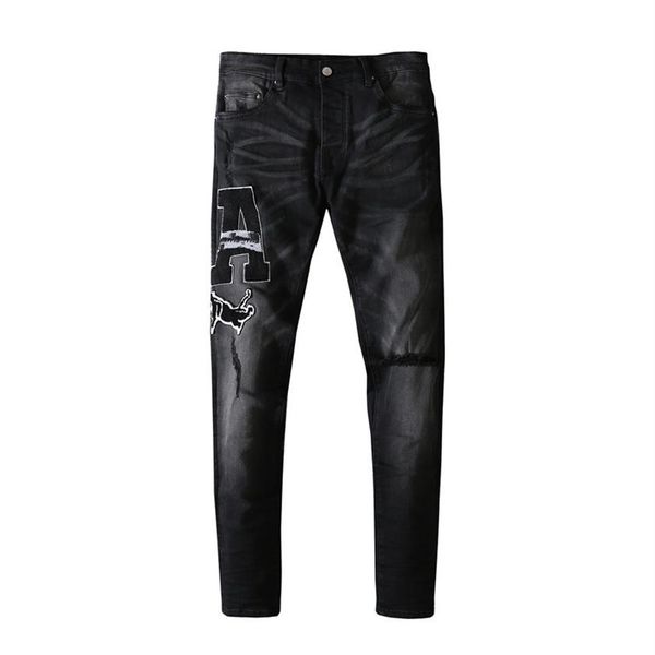 

mens jeans embroidered letters washed black slim casual pants europe and america249p, Blue