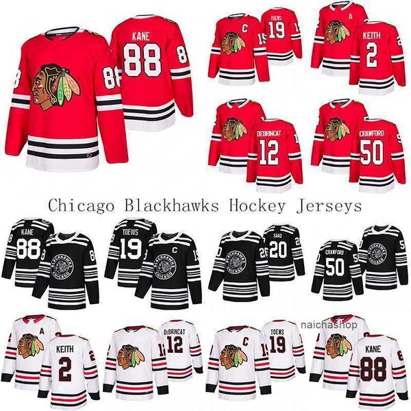 

88 patrick kane chicago blackhawks hockey jerseys 19 jonathan toews 12 alex debrincat 2 duncan keith 50 corey crawford nhl's jerseys, Black