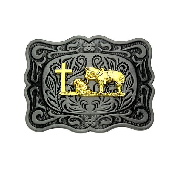 

golden cross and horse animal cowboy belt buckle for western men belt head, Slivery;black