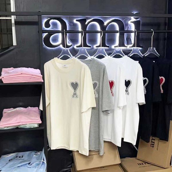 

amis new classic short sleeve stamp embroidered love round neck t-shirt lovers fashion straight, White;black