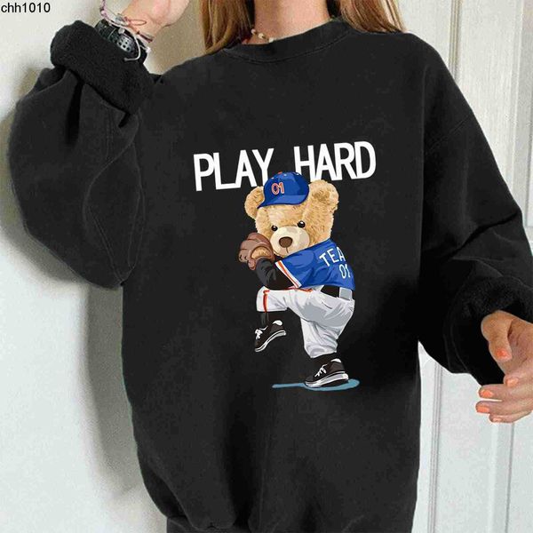 

designer hoodies fall off shoulder plays hard bear print crew neck pullover long sleeve sweater, Black