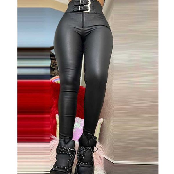 

women's leggings women faux leather pants buckled zipper pu high waist trousers fashion slim fit skinny bodycon pant club leggings 2022, Black