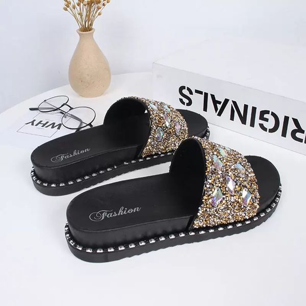 

women beach flip flops slippers flat womens causal shoes woman gold slipper slides crystal bling sandals female slippers, Black
