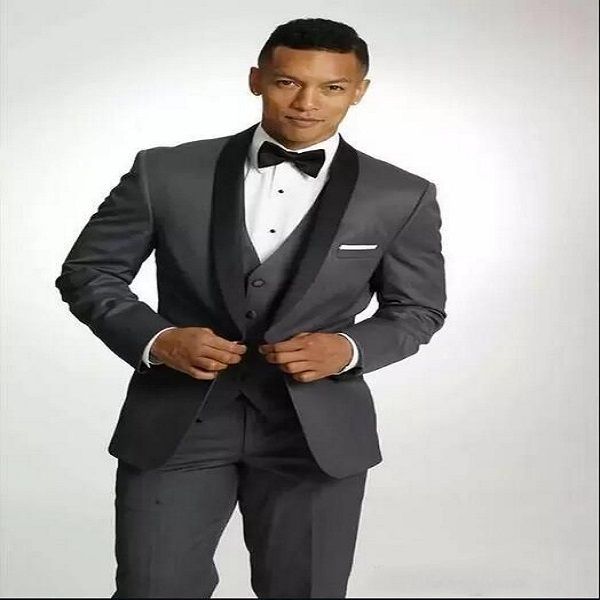 

slim dark grey wedding tuxedos black lapel one button groom tuxedo men dinner darty 3 piece suit jacket pants vest, Black;gray