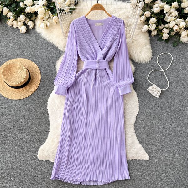 

autumn new style waist slim dress light and mature french celebrity long sleeve waist 100 pleated v-neck skirts, Black;gray