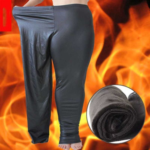 

women's leggings 2021 oversized winter plush women leggings imitation leather pants fashion warm thickened large snow  2xl 6xl t22102, Black