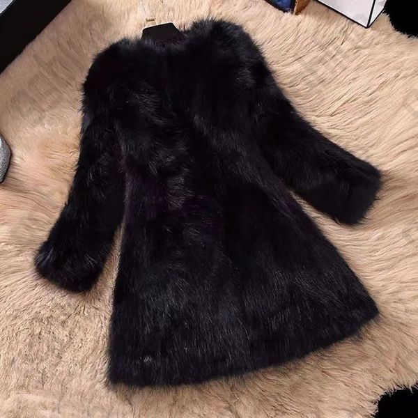 

faux fur women winter fashion pink coat elegant thick warm outerwear fake fur jacket chaquetas mujer, Black