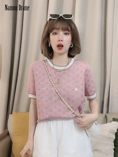 

women's t-shirt ice silk knitted sweater female fashion v fashionable thin age reduction temperament jacket design chic short sleeve t, White
