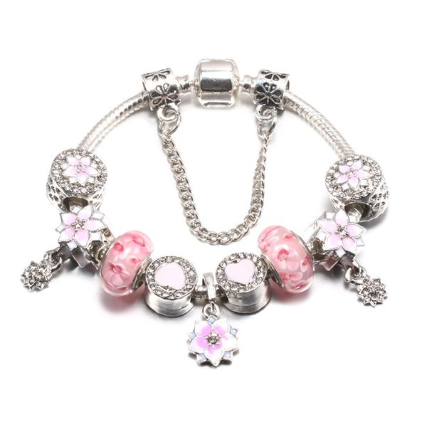 

18-20cm charm bracelet 925 sterling silver crystal beads fit pandora european bracelets pink enamel magnolia pendant charm bead accessories, Black
