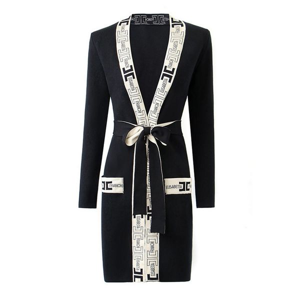 

high-quality french style v-neck geometric pattern belt sweaters coat, White;black
