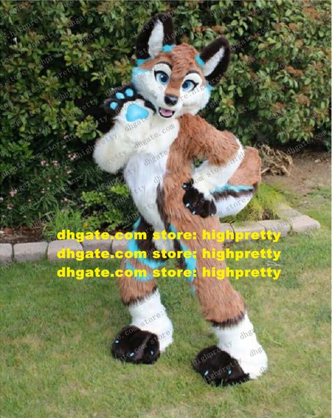 

brown long fur furry fox mascot costume husky dog wolf fursuit cartoon character cut the ribbon sports events zz7577, Red;yellow