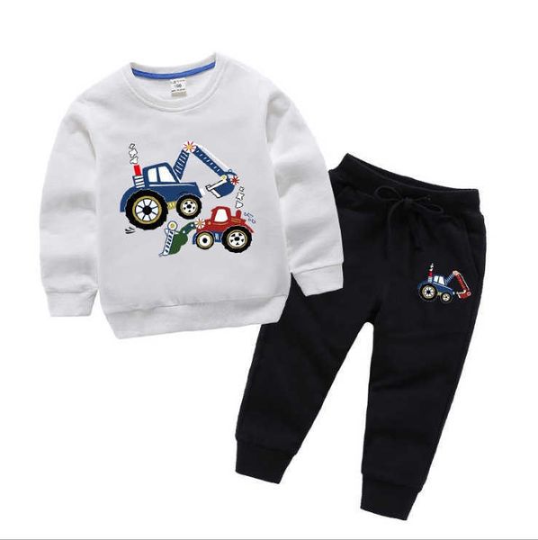 

sets kids children's boys girls sportswear two-piece baby excavator printing long-sleeved sweater, White