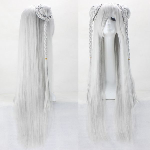 

sell fashion cosplay silver bun head grey white long hair wig, Black