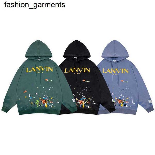 

men's hoodies sweatshirts designer new branded tide brand old hooded drawstring ink splashed letter lanvins hoodie men women, Black
