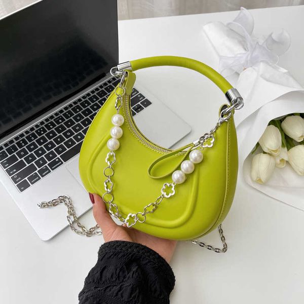 

simple fashionable high-grade solid color crescent handbag luxury design pearl string lady single shoulder bag