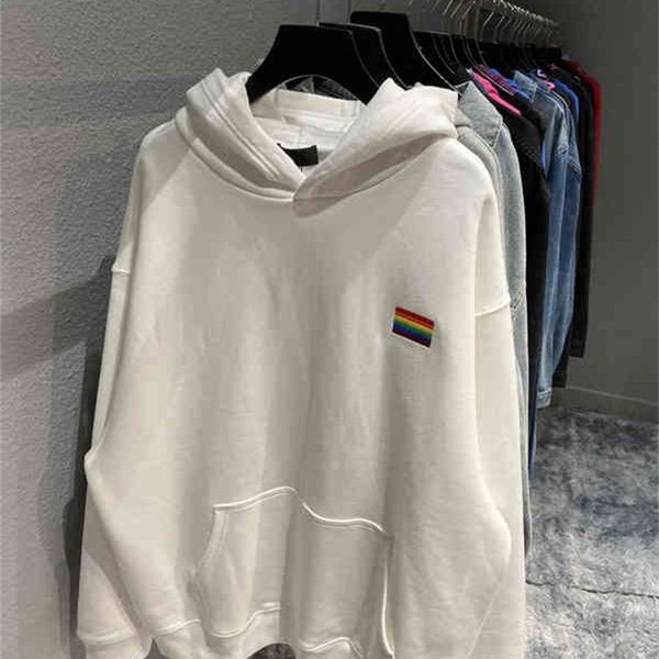 

men hooded balencaigass home b rainbow embroidery fleece hoodie woven and dyed fabric thick machine water slurry printing process sweater 84, Black
