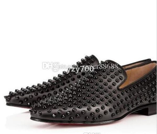 

red-bottoms sandal christians fashion luxury designer brand black glitter spikes studded red loafers shoes men flats wedding party gent slg