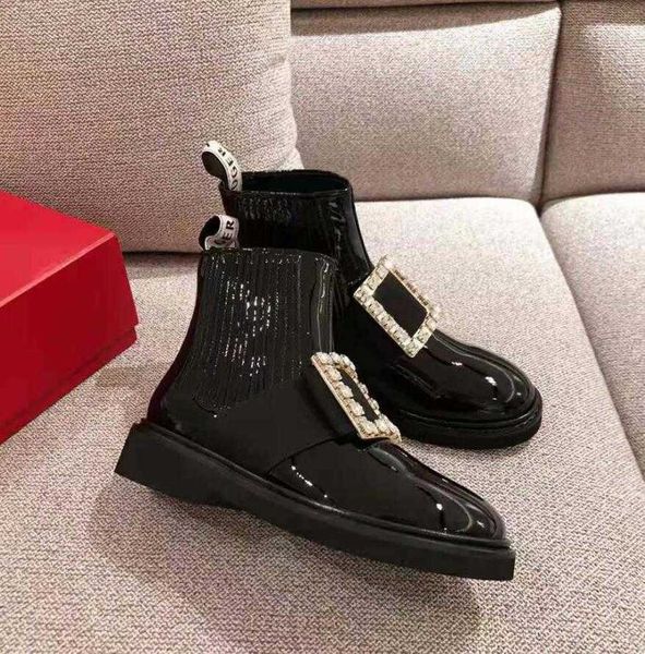 

Luxury brands booties shoes Woman ankle boot Viv Chelsea Rangers Strass Buckle Ankle Boots Black patent leather rubber sole low heel 35-42