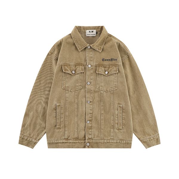

denim bomber jacket streetwear hip hop vintage letter print cowboy distressed wash jeans coat 2022 retro casual cotton jackets, Black;brown