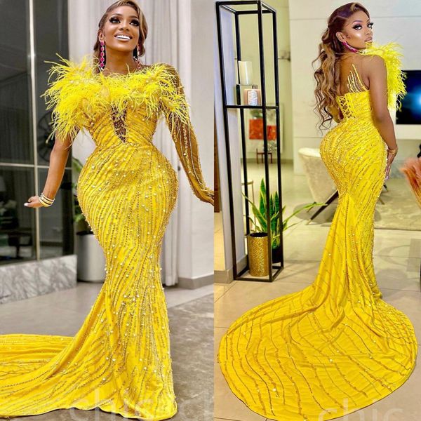 

2022 arabic aso ebi yellow mermaid prom dresses beaded crystals feather evening formal party second reception birthday engagement gowns dres, Black