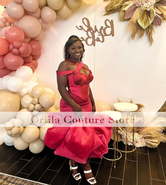

red mermaid prom dresses halter neck aso ebi cocktail party gown tea length formal party gowns for black girls