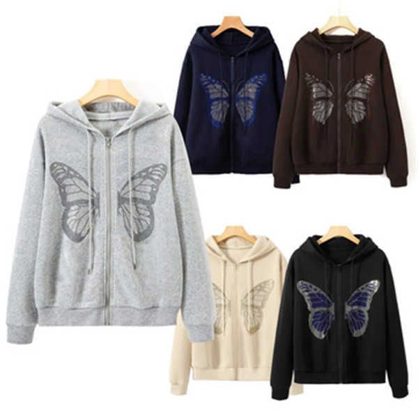 

women's hoodies sweatshirts y2k rhinestone women drill butterfly hoodie khaki hippie zip up oversized autumn winter dark waatfaak str, Black