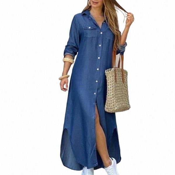 

casual dresses retrieve long skirt mouwen women denim skirts pocket button shirt print loose 2021 t4fg#, Black;gray