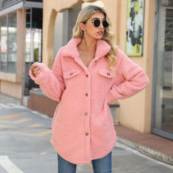 

women's wool pink fashion lapel long-sleeved fleece jacket autumn winter thickened warm coat women's casual single-breasted mid-le, Black