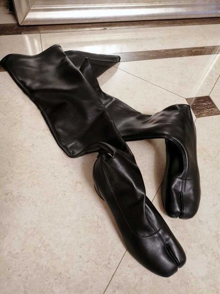 

botines mujer 2022 chunky low heel overknee long boots for woman square toe black leather rain boots luxury tabi bottes