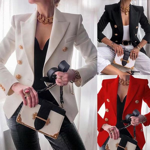 

women's suits blazers original designer double-breasted slim jacket metal buckles blazer retro shawl collar outwear e77, White;black