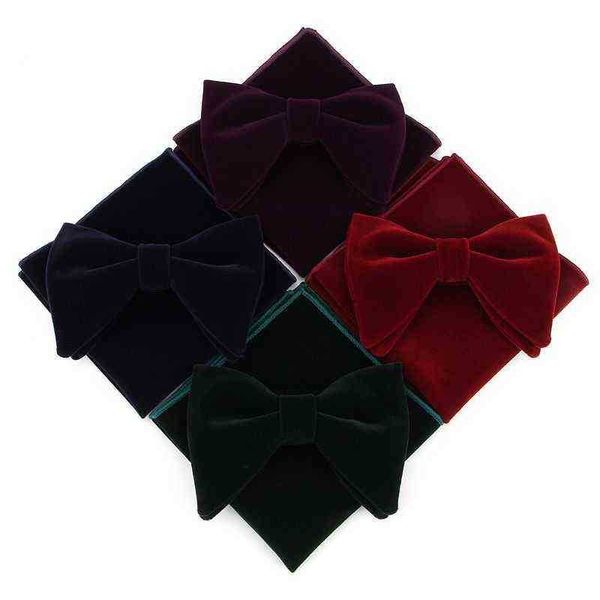 

linbaiway mens velvet large bowtie handkerchief set for men wedding dress tie butterfly pocket square towel set custom j220816, Blue;white