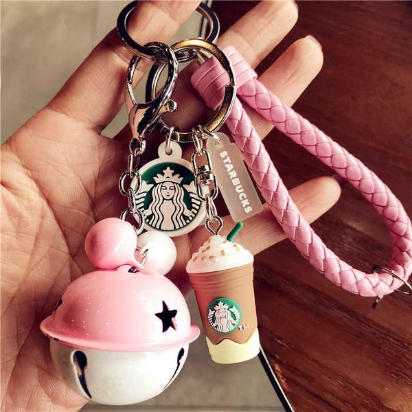 

keychains korean creative cute cartoon lovers simulation 1 gram coffee cup star dad woven rope bell car key chain bag pendant resin rubber, Silver