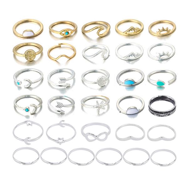 

cluster rings boho gold sier ring set star moon knuckle for women teen girls stackable midi finger wave turquoise evil eye mtiple bk am475, Golden;silver