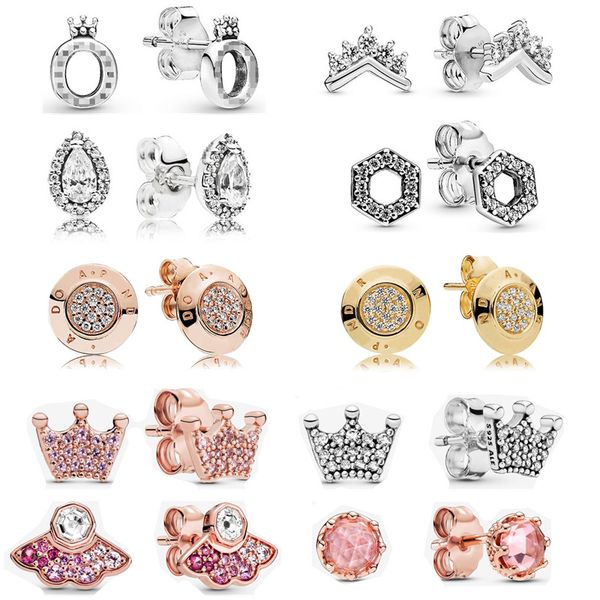 

noble crown silver needle stud earrings designer diy fit pandora style women jewelry gift, Golden;silver